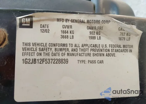 2003 Pontiac Sunfire z USA, uszkodzony, nr VIN 1G2JB12F537228839